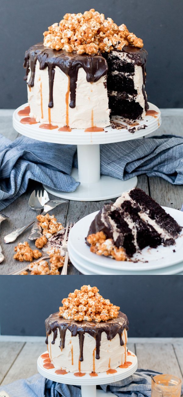 Triple Layer Chocolate Cake with Salted Caramel Buttercream Frosting, Chocolate Ganache and Caramel Popcorn