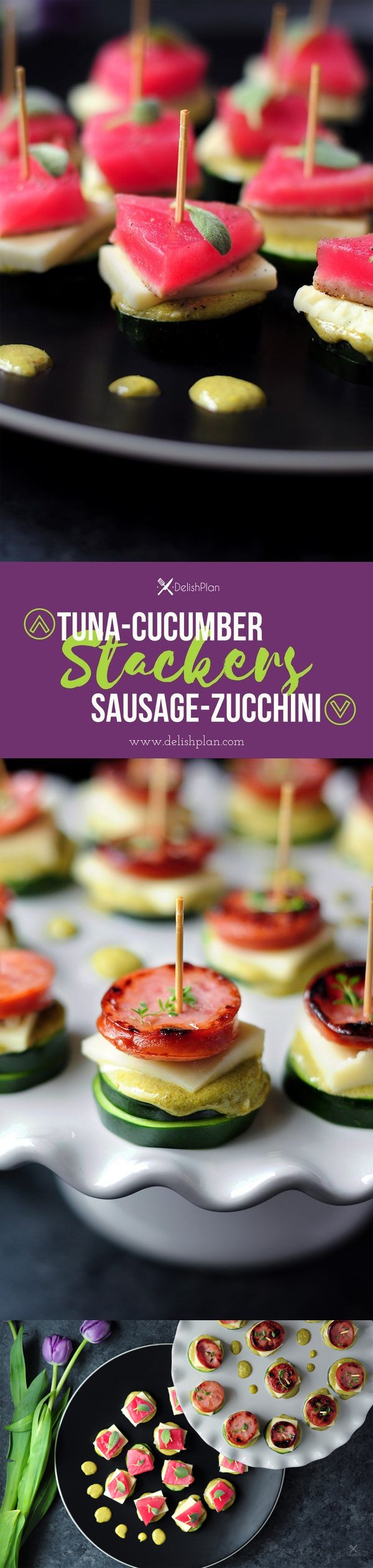 Tuna-Cucumber and Sausage-Zucchini Stackers