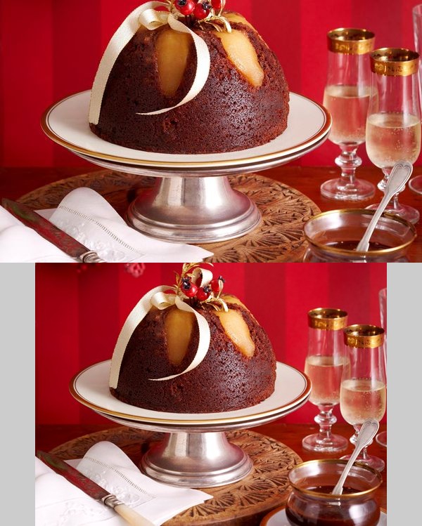 Upside-down pear pudding with choc hazelnut sauce