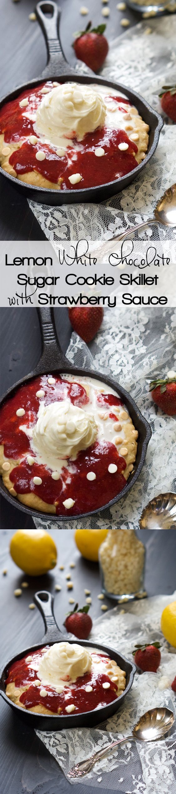 Vanilla Custard White Chocolate Sugar Cookie Skillet with Strawberry Sauce