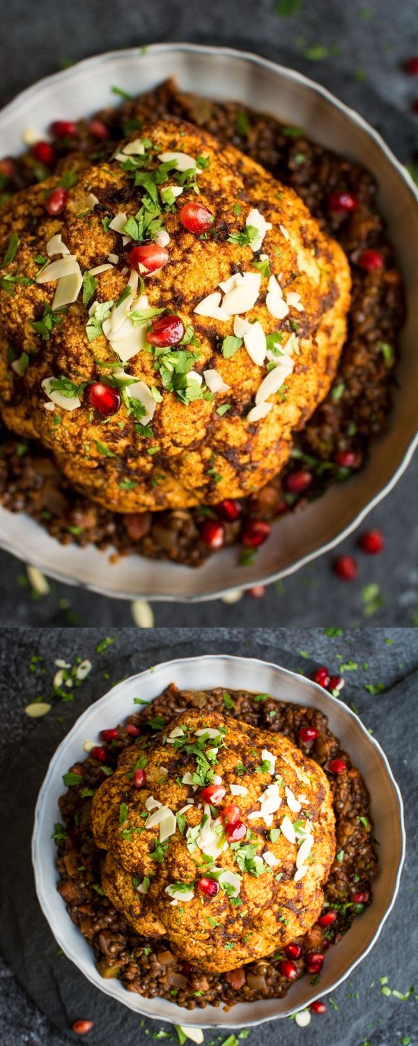 Vegan Christmas Dinner Main Dish - Baked Cauliflower with Spicy Lentils