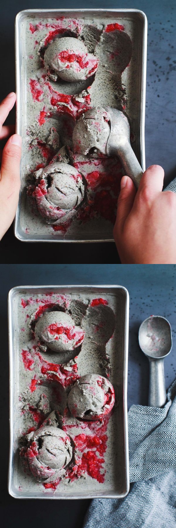 Vegan Coconut Black Sesame Ice Cream with Strawberry Swirl