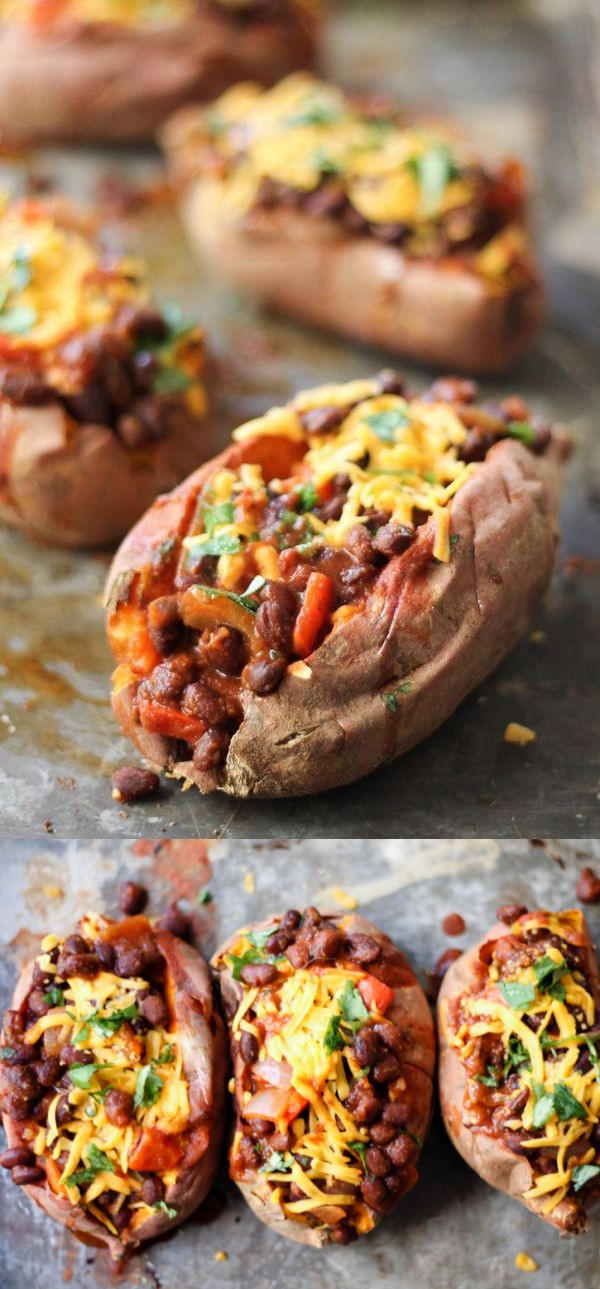 Vegetarian Black Bean Chili-Stuffed Sweet Potatoes