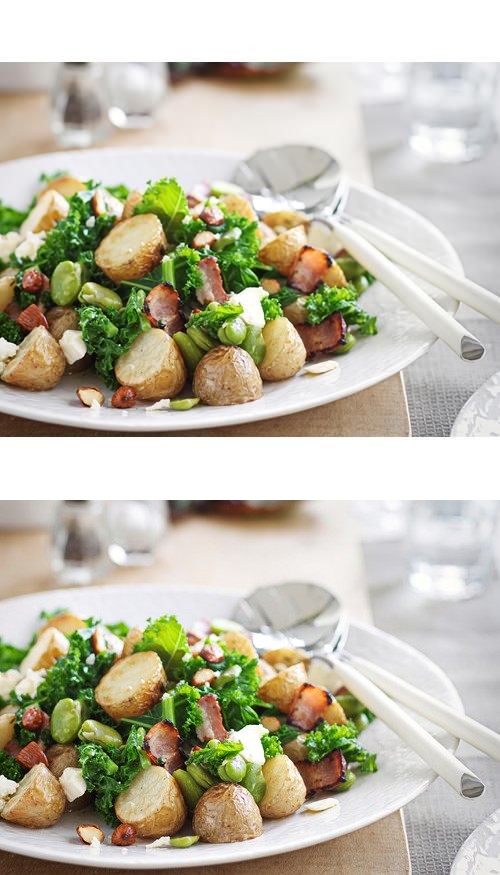 Warm potato and broad bean salad with bacon and feta