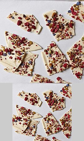 White Chocolate Bark with Pistachios, Raspberries and Candied Violets