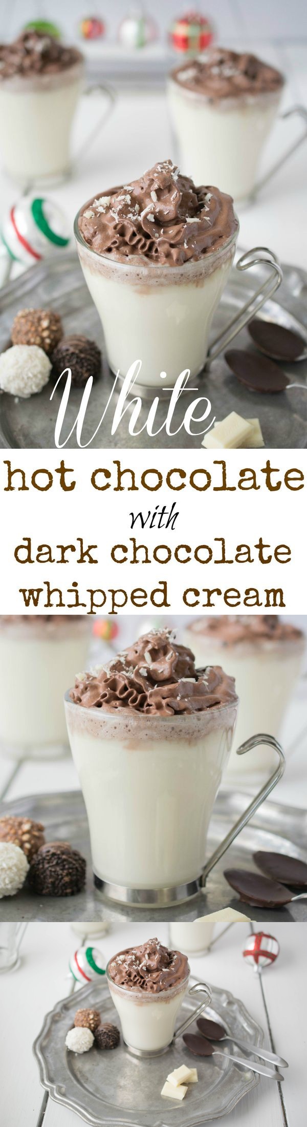 White hot chocolate with dark chocolate whipped cream