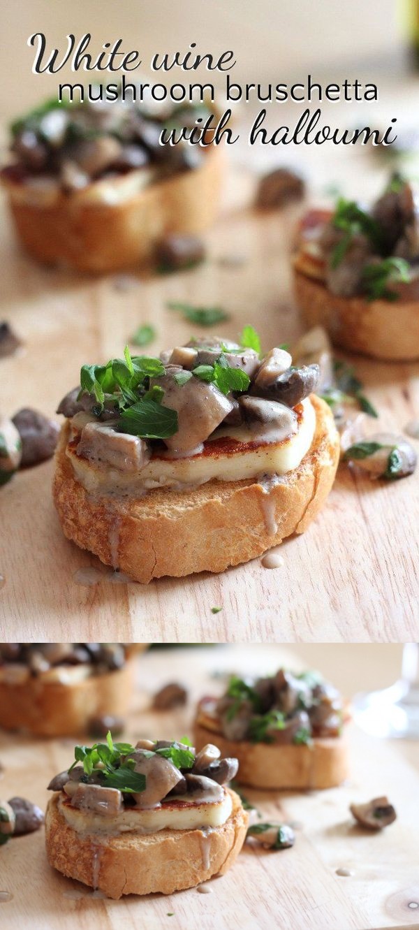 White wine mushroom bruschetta with halloumi