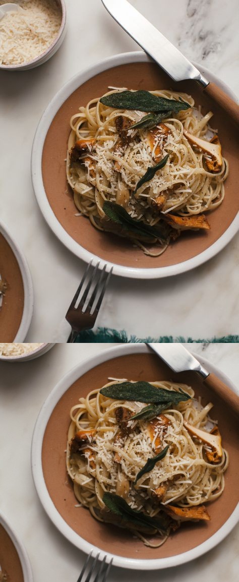 Wild Mushroom Spaghetti with Orange Butter + Crispy Sage