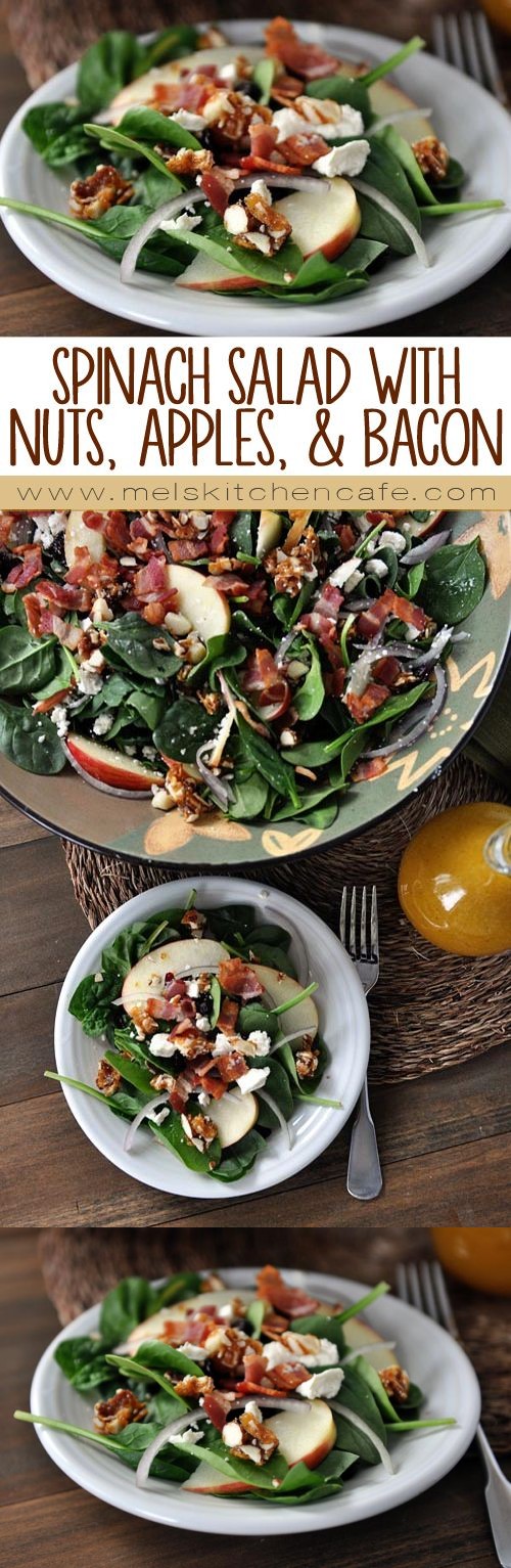 Amazing Spinach Salad with Sweet-Spicy Nuts, Apples, Feta and Bacon