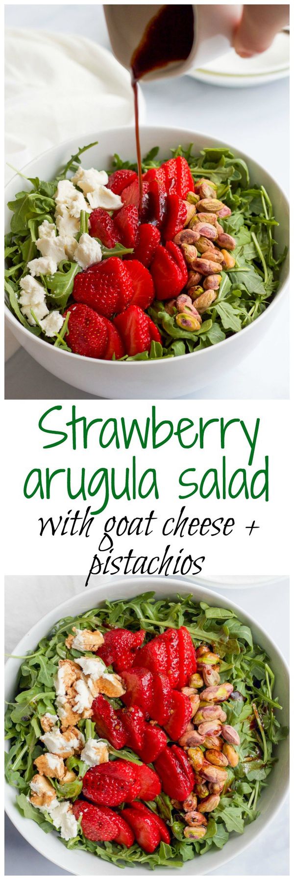 Arugula salad with strawberries, pistachios and goat cheese