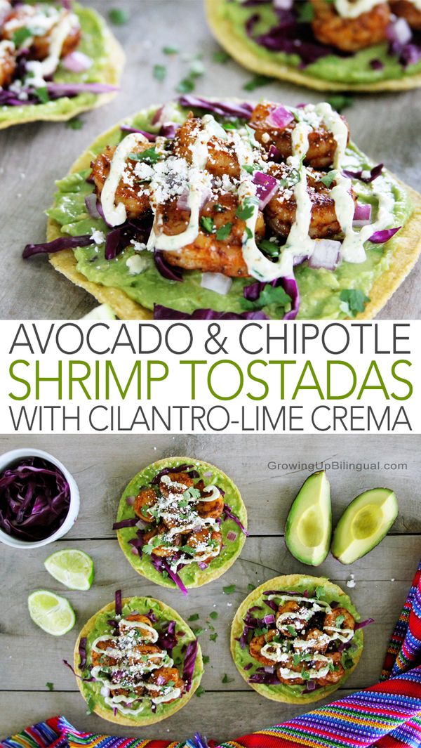 Avocado And Chipotle Shrimp Tostadas With Spicy Cilantro Lime Crema