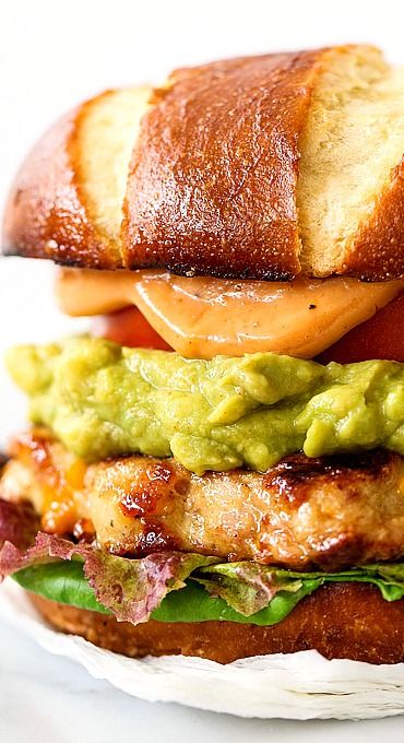 Bacon Cheddar Chicken Burgers with Guacamole and BBQ Mayo