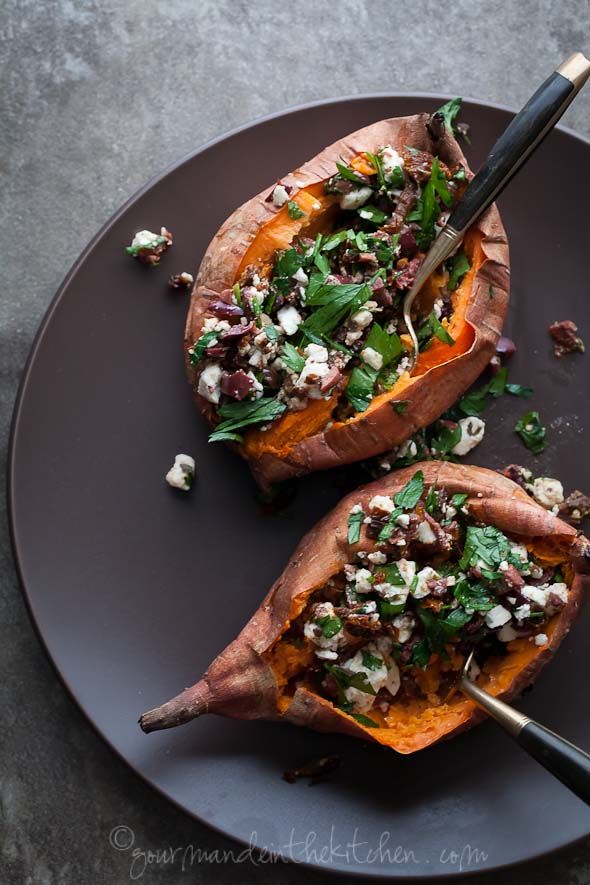 Baked Sweet Potatoes Stuffed with Feta, Olives and Sundried Tomatoes