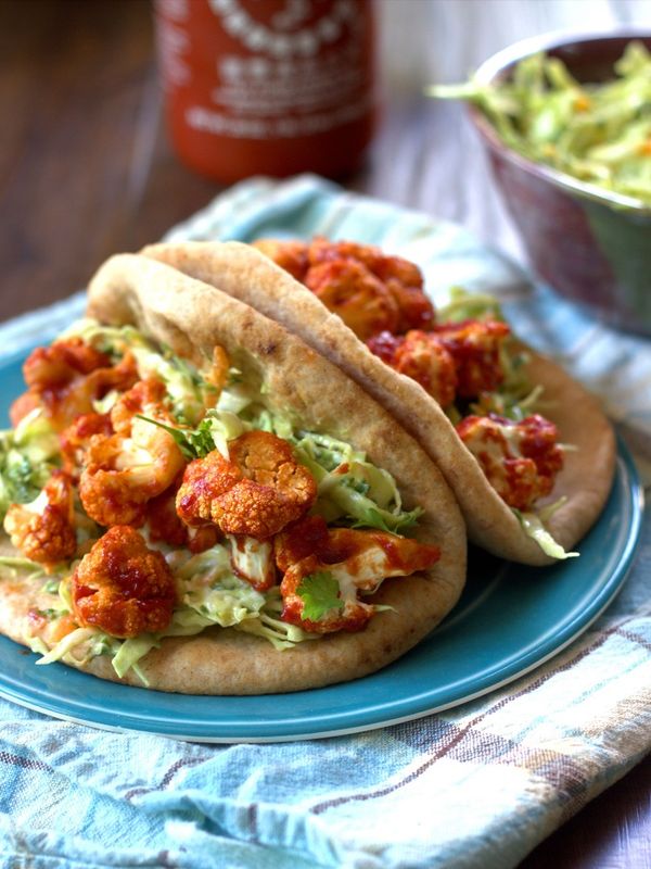 Barbecue Cauliflower Pitas with Avocado Ranch Slaw