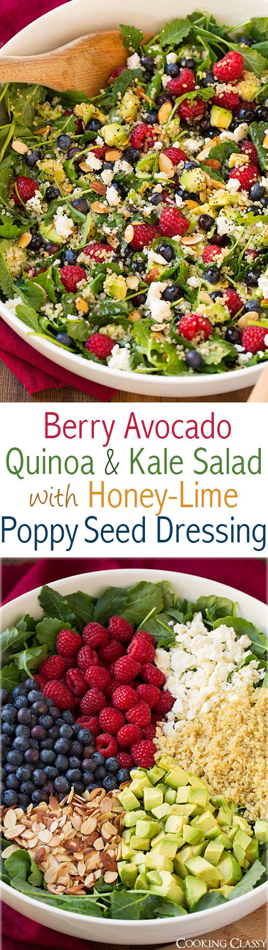 Berry Avocado Quinoa and Kale Salad with Honey-Lime Poppy Seed Dressing