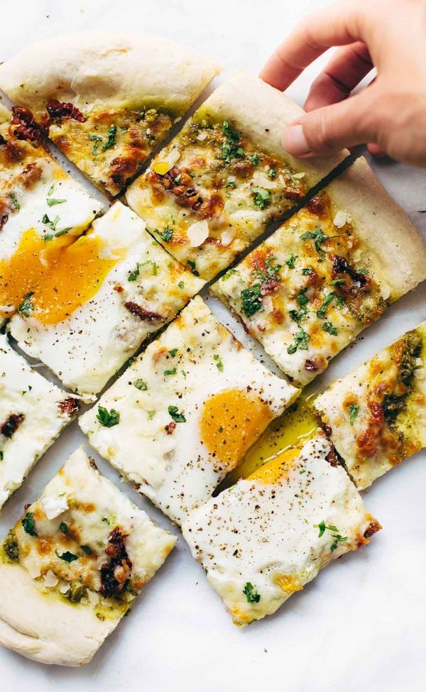 Breakfast Pizza with Kale Pesto and Sun Dried Tomatoes