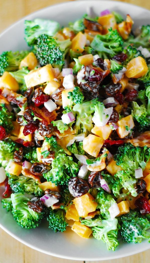 Broccoli salad with bacon, raisins, and cheddar cheese