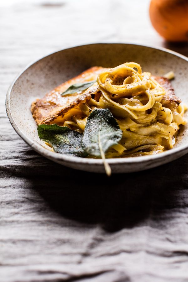 Brown Butter Pumpkin Fettuccine Alfredo with Fried Cheese