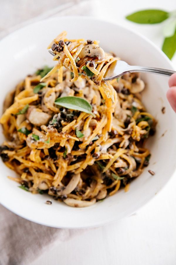 Butternut Noodles with Creamy Garlic Mushrooms & Lentils (Vegan + GF