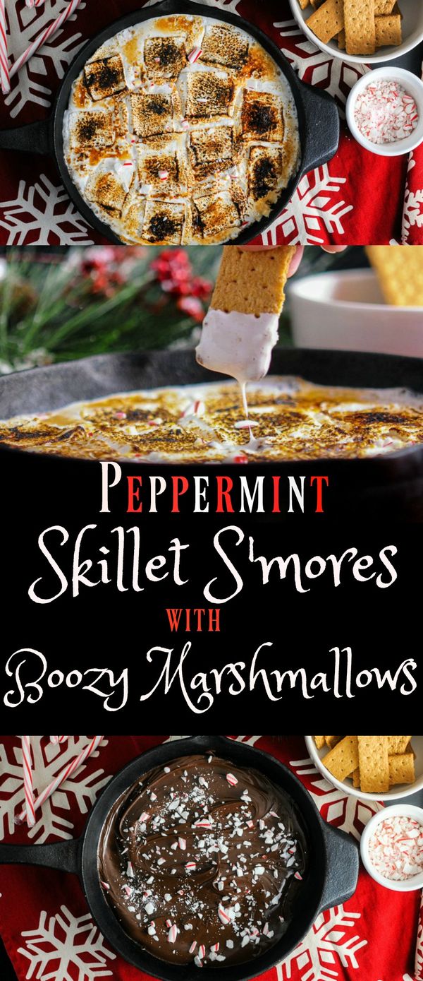 Candy Cane Skillet Smores with Boozy Marshmallows