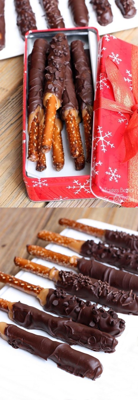 Caramel and Chocolate Dipped Pretzel Rods