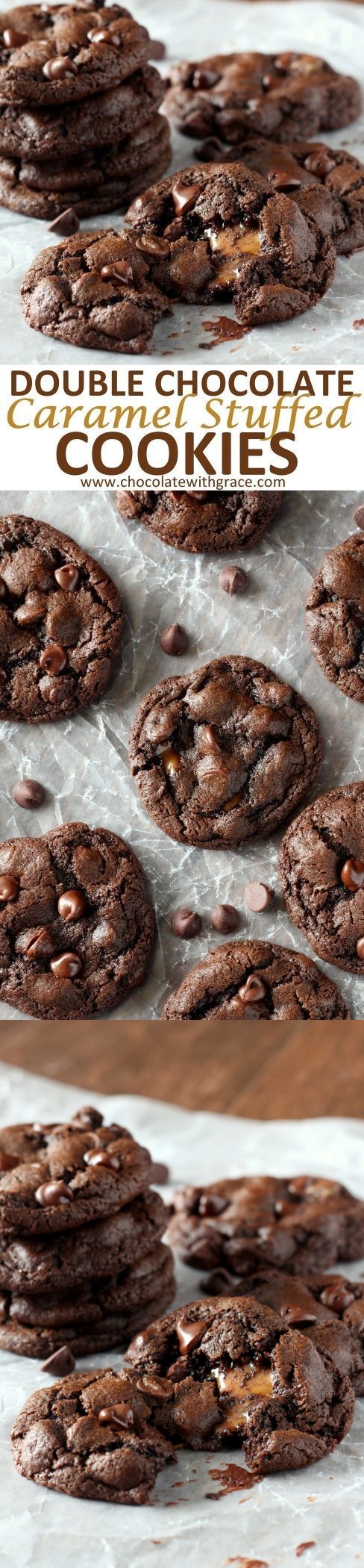 Caramel Stuffed Double Chocolate Chip Cookies