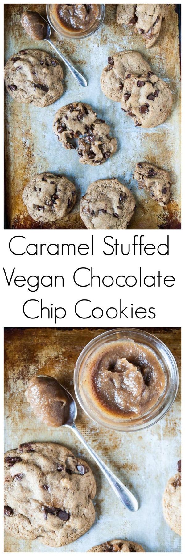 Caramel Stuffed Vegan Chocolate Chip Cookies