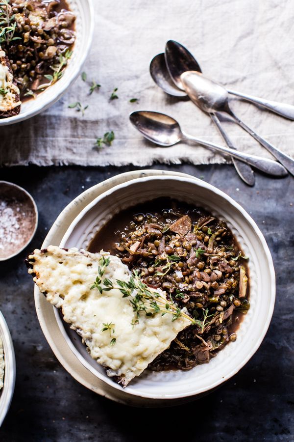 Caramelized Onion French Lentils and Cheesy Toast