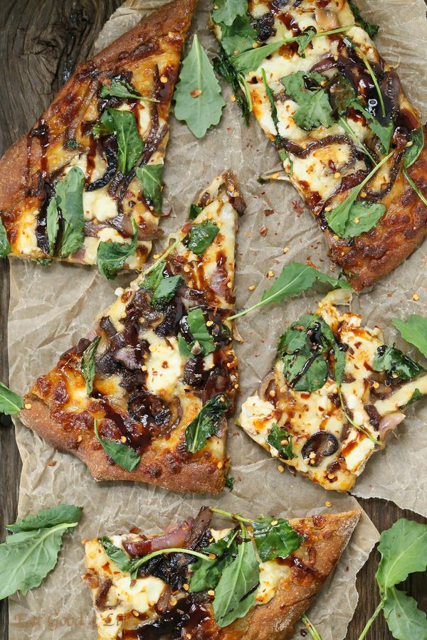 Caramelized onion kale goat cheese pizza with balsamic drizzle