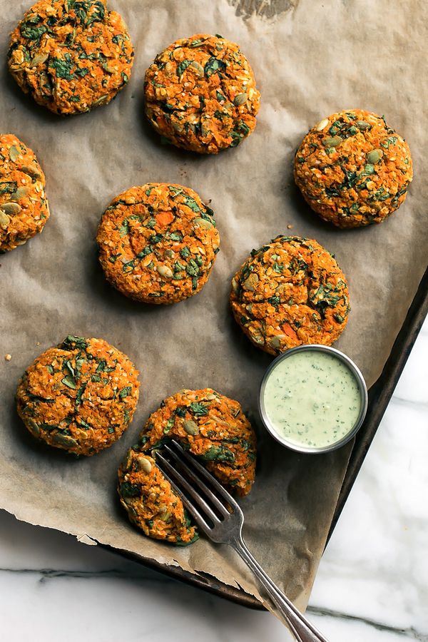 Carrot-Lentil Cakes with Garlic-Herb Tahini Sauce