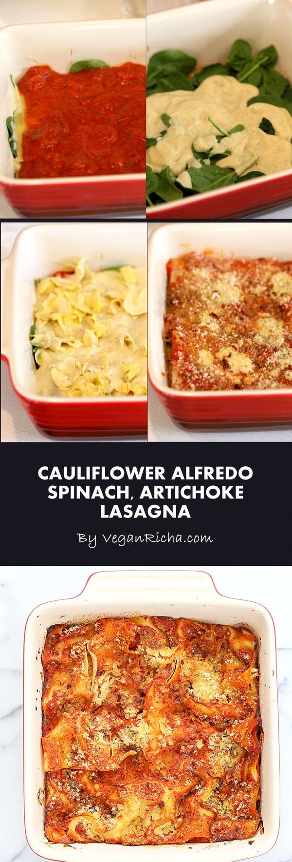 Cauliflower Alfredo Spinach Artichoke Lasagna. Vegan Nut-free