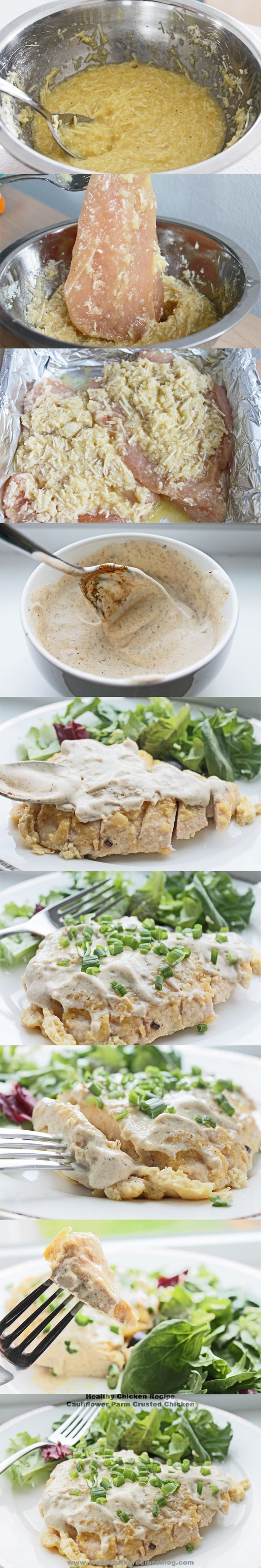 Cauliflower and Parm Crusted Chicken with Curry Yogurt Sauce