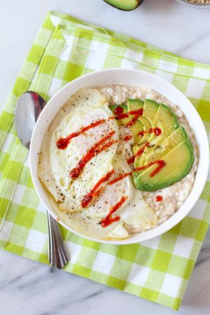 Cheesy Savory Steel Cut Oatmeal with Avocado & Fried Eggs