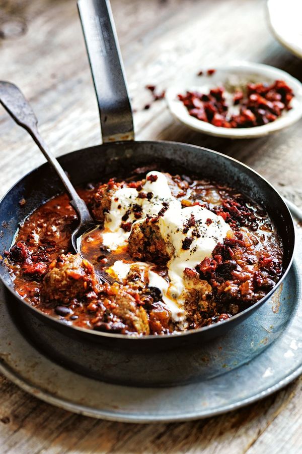 Chili Meatballs in Black Bean and Tomato Sauce