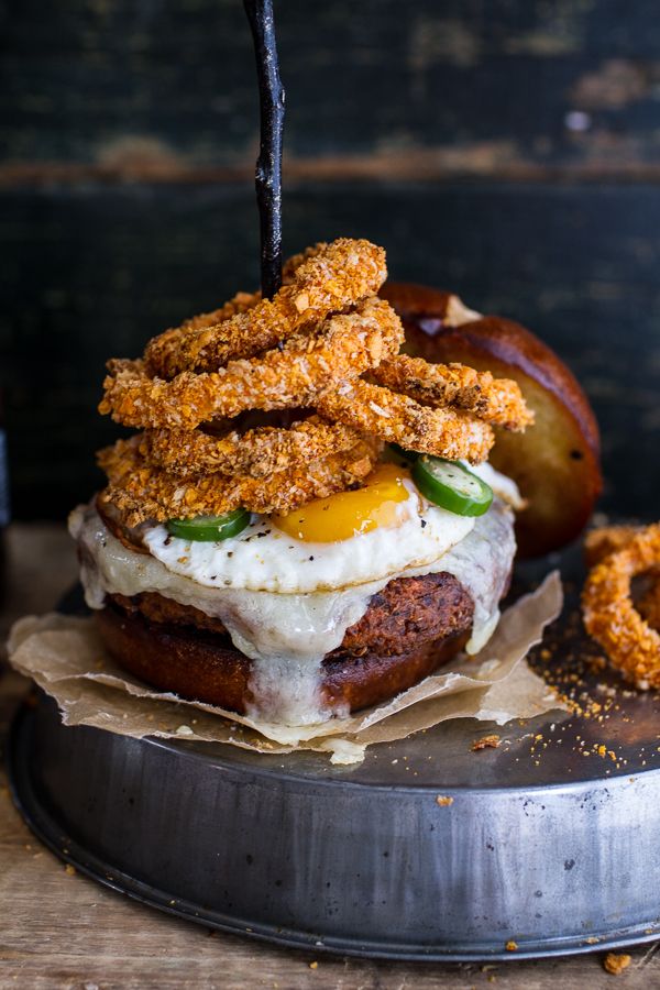 Chili Style Sweet Potato Black Bean Burgers w/Baked Cheddar Beer Onion Rings + Fried Eggs