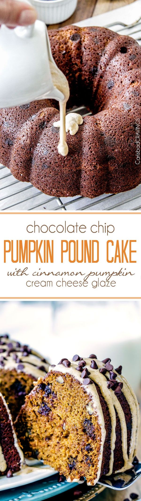 Chocolate Chip Pumpkin Pound Cake with Cinnamon Pumpkin Cream Cheese Glaze