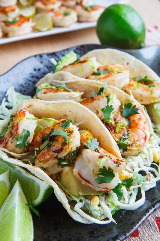 Cilantro Lime Shrimp Tacos with Roasted Corn Slaw and Roasted Jalapeno Crema