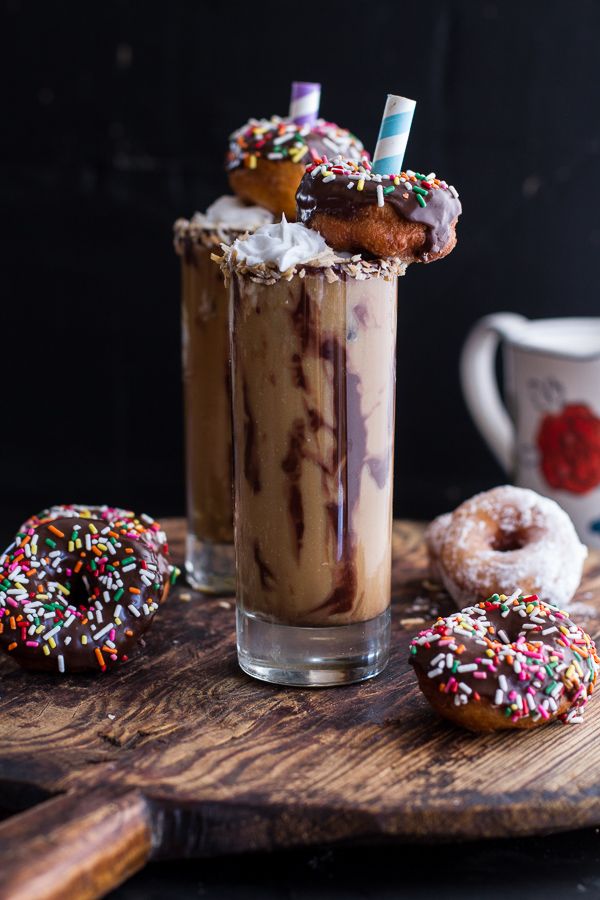 Coconut Iced Coffee…with Mini Chocolate Glazed Coffee Doughnuts