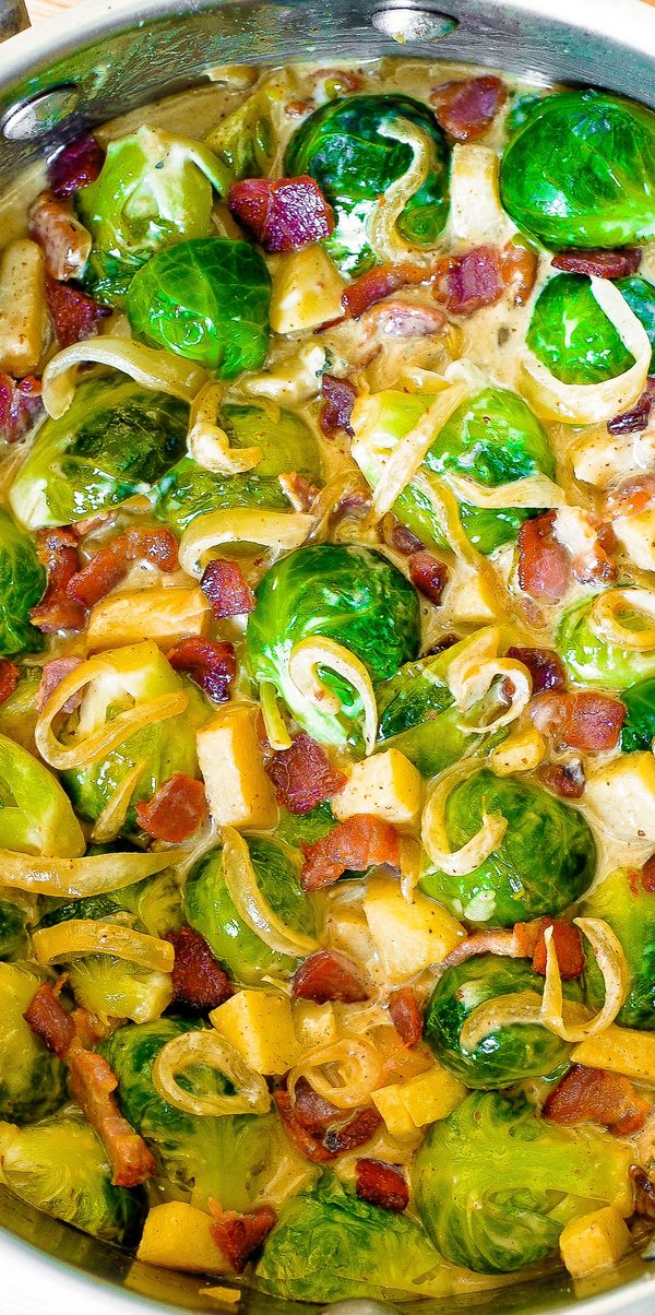 Creamy Brussels Sprouts with Bacon, Apples and Gorgonzola Cheese