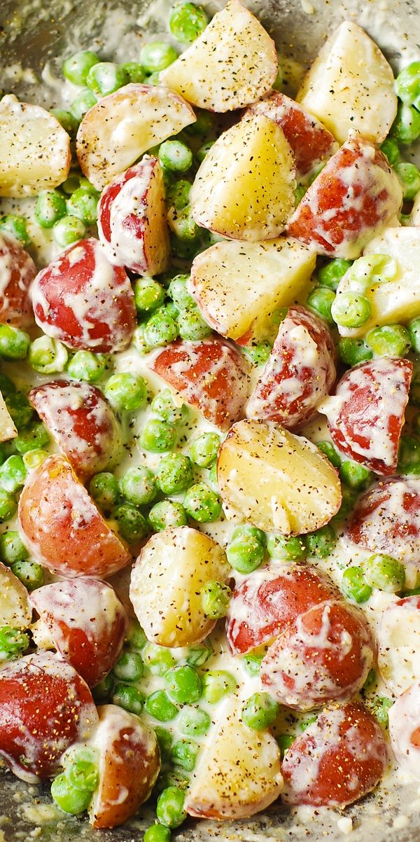 Creamy Parmesan Garlic Potatoes and Peas