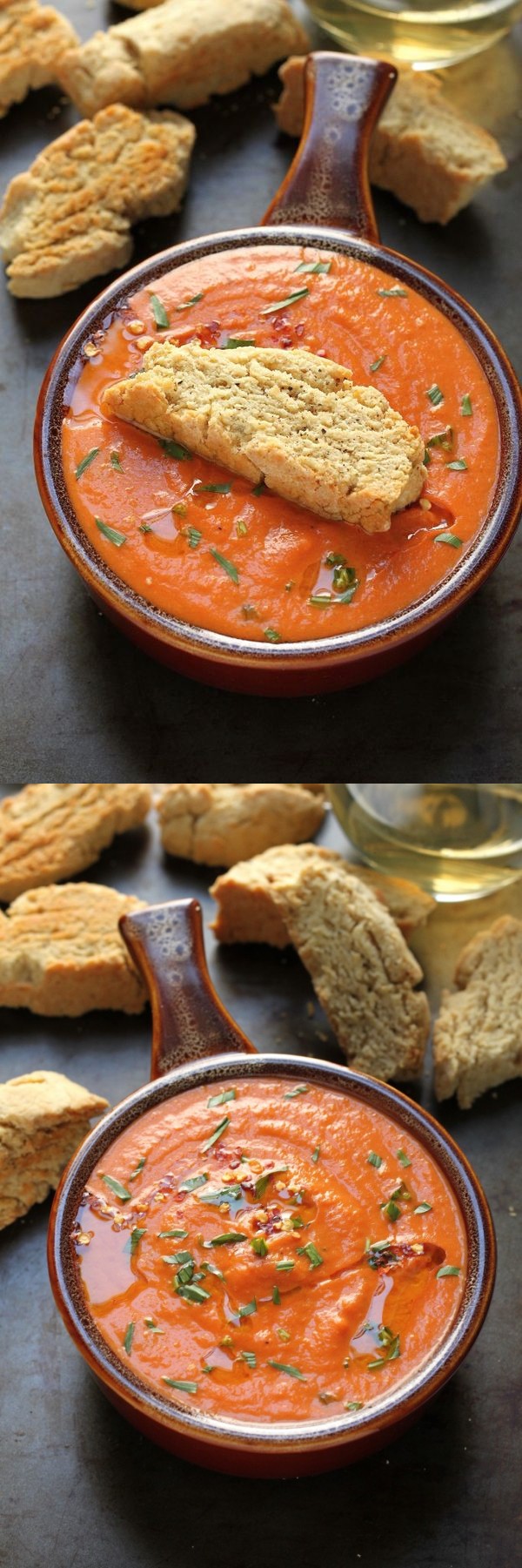 Creamy Tomato and Tarragon Soup with Black Pepper Parmesan Biscotti