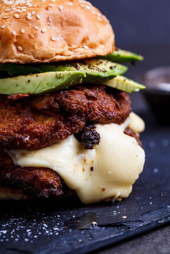 Crispy chicken, mozzarella and avocado burgers with lemon mayo