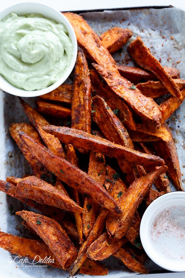 Crispy Sweet Potato Wedges with Garlic Avocado Aioli