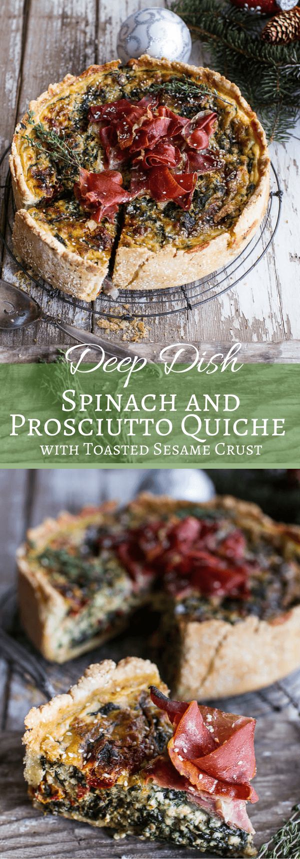 Deep Dish Spinach and Prosciutto Quiche with Toasted Sesame Crust