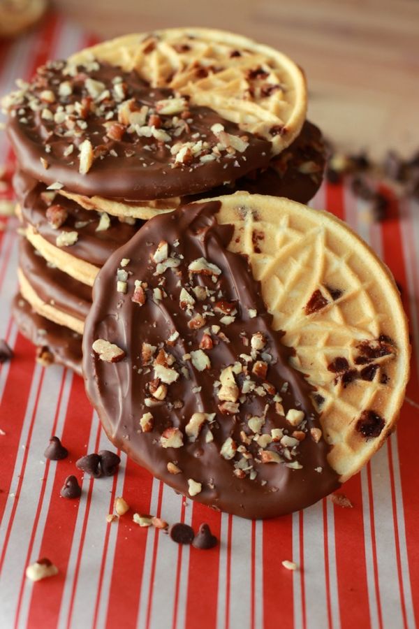 Dipped Chocolate Chip Pizzelle Cookies