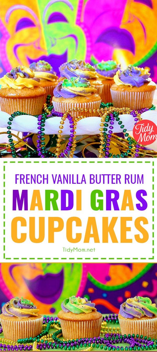 French Vanilla Butter Rum Mardi Gras Cupcakes