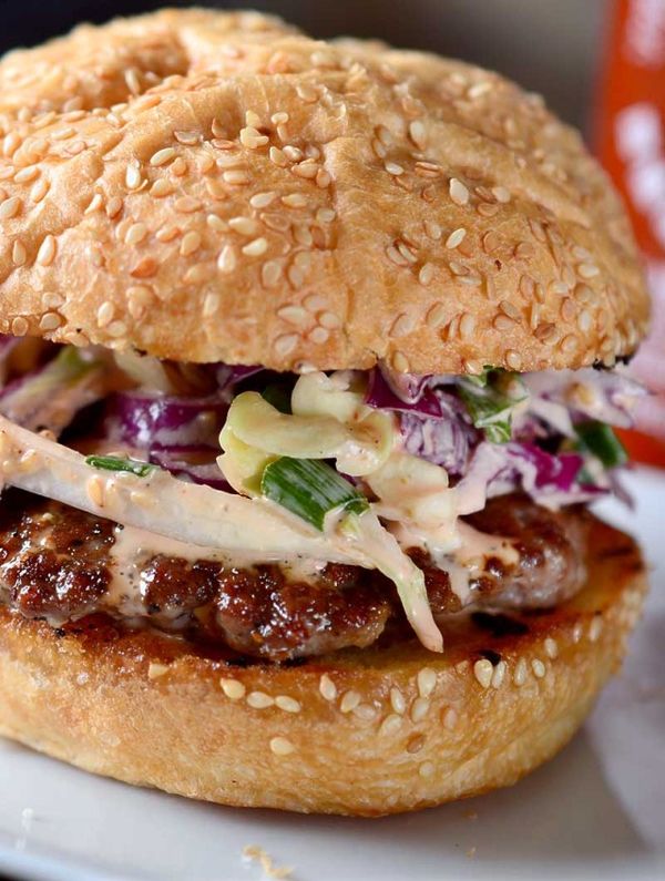 Garlic & Black Pepper Pork Burgers with Sriracha Slaw