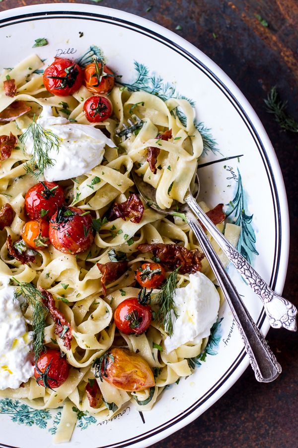 Garlic and Herb Roasted Cherry Tomato Carbonara w/Crispy Prosciutto + Burrata