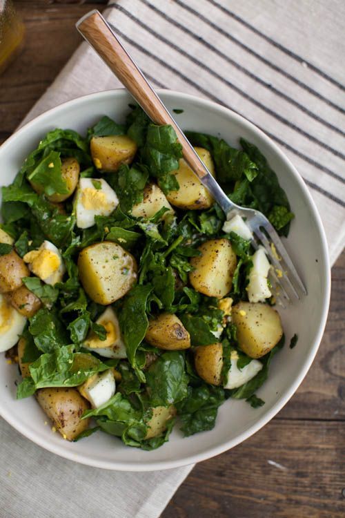 Garlic Roasted Potato, Egg, and Spinach Salad