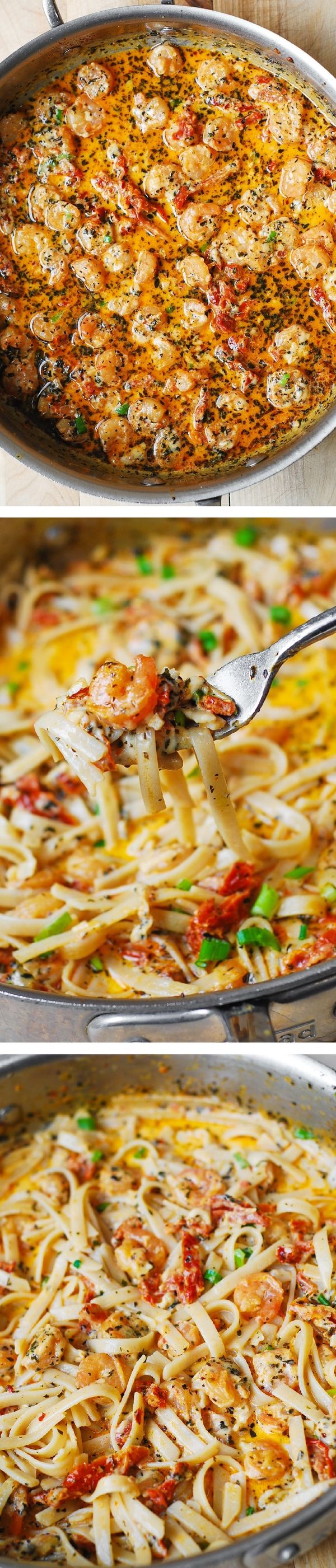 Garlic Shrimp and Sun-Dried Tomatoes with Pasta in Spicy Creamy Sauce